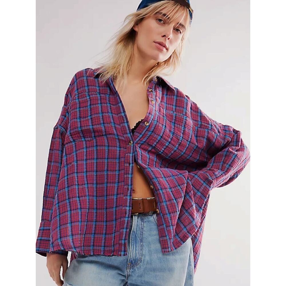 Free People Oversized Bohemian Grunge Cardiff Plaid Swing Top Shirt Small Preppy